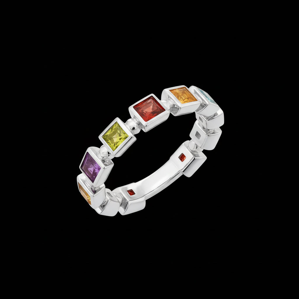 Minimalist White Gold Ring with Multicolor Natural Gemstones