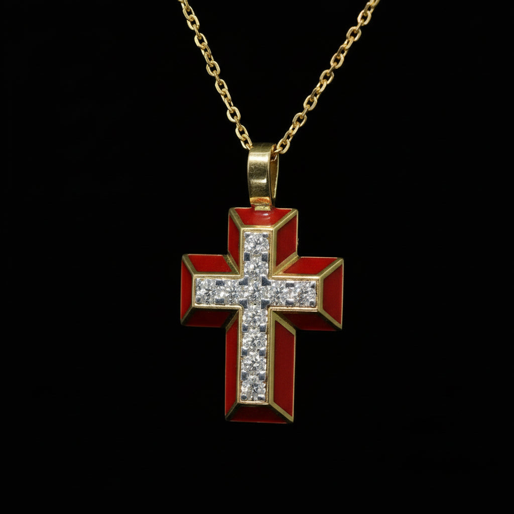 Red Enamel Cross Pendant with Diamonds