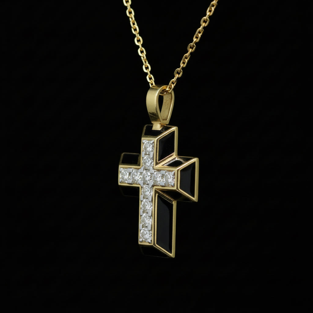 Black Enamel Cross Pendant with Diamonds