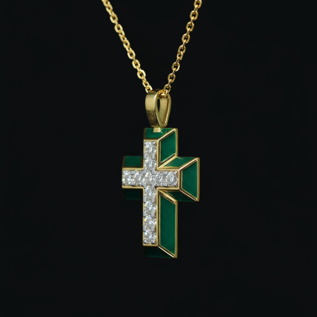 Green Enamel Cross Pendant with Diamonds