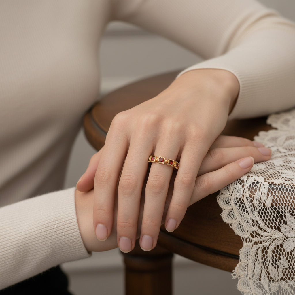 Unique Red Garnet Minimalist Gold Ring