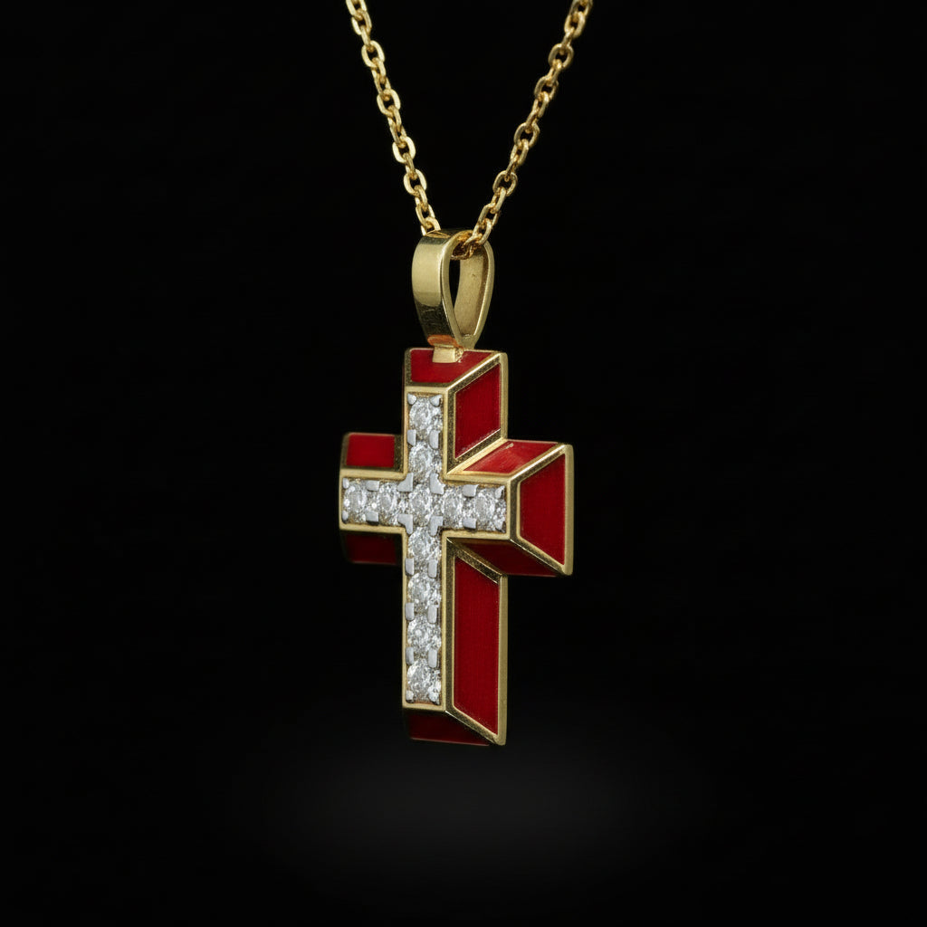 Red Enamel Cross Pendant with Diamonds