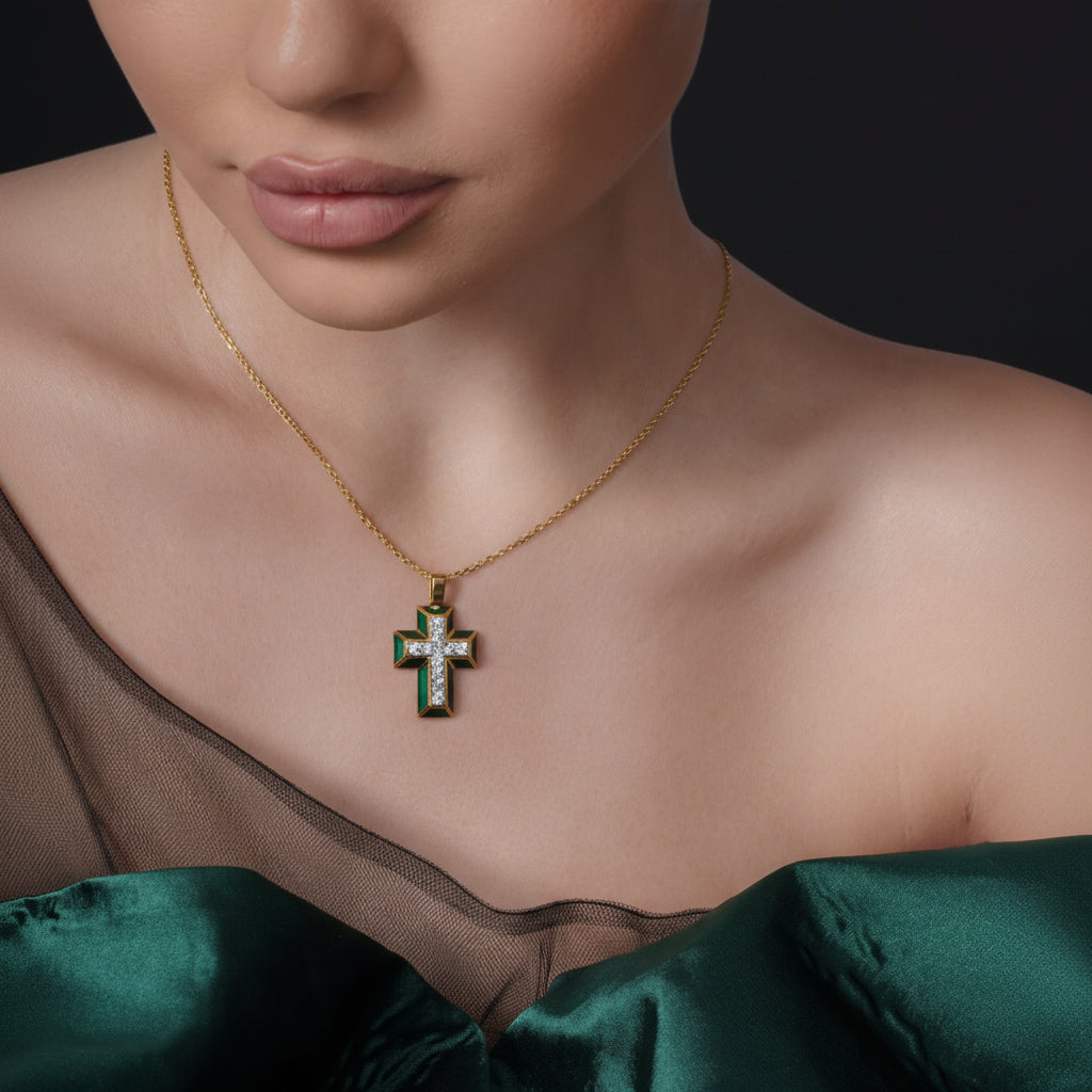 Green Enamel Cross Pendant with Diamonds