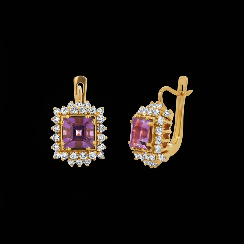 Amethyst Diamond Gold Earrings