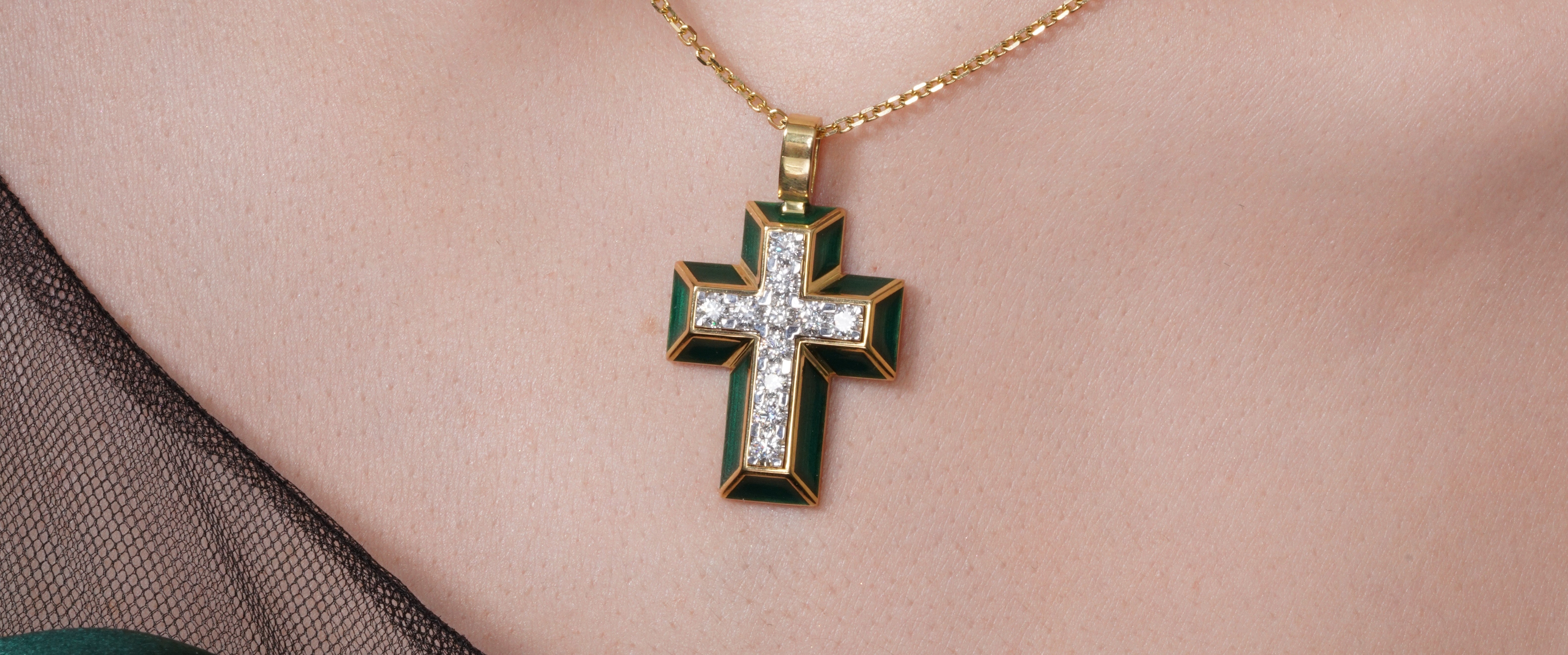 Green Enamel Cross Pendant with Diamonds