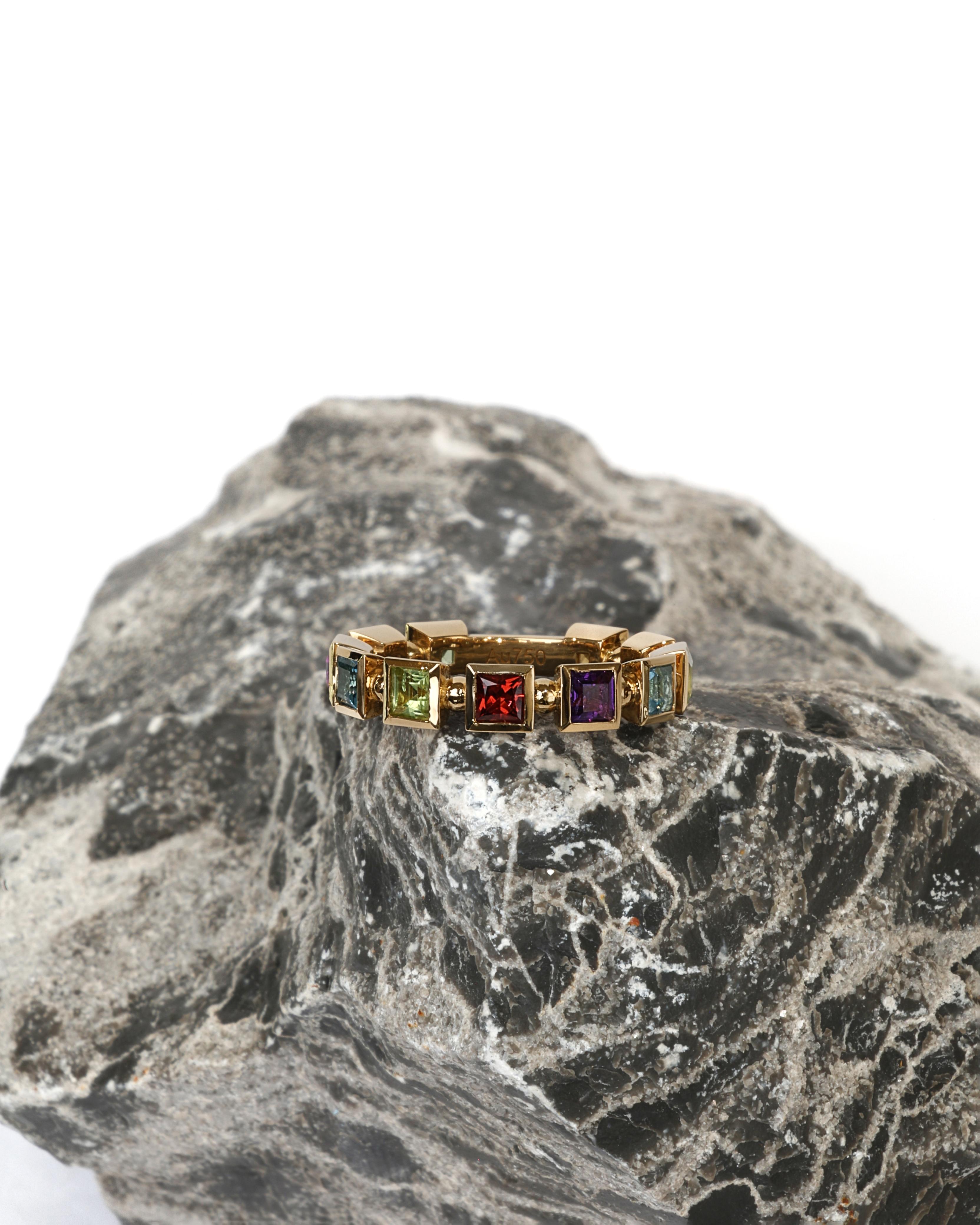 Minimalist Yellow Gold Ring with Multicolor Natural Gemstones
