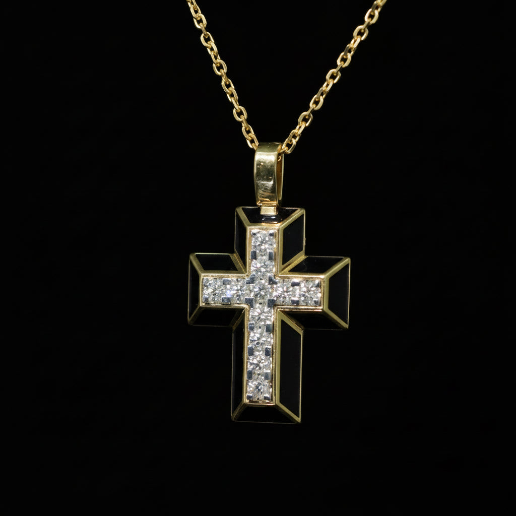 Black Enamel Cross Pendant with Diamonds