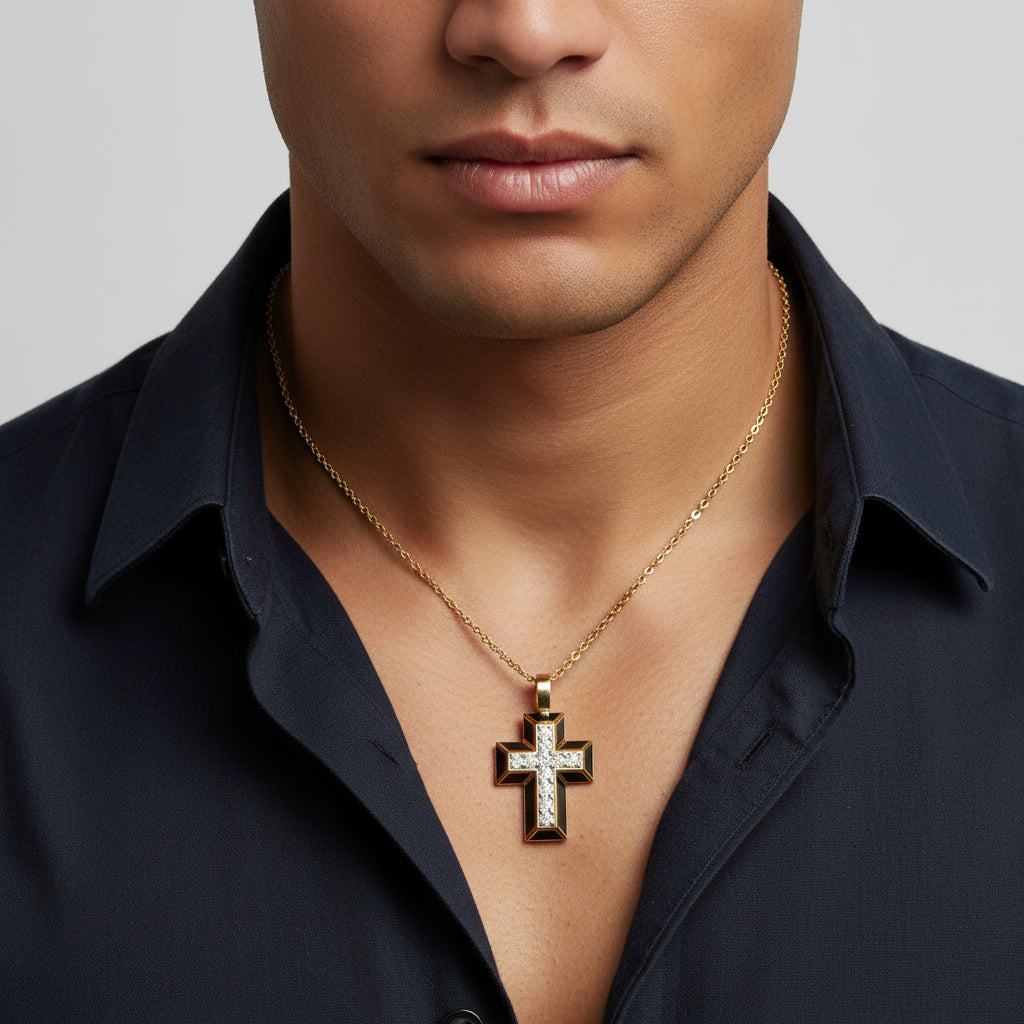 Black Enamel Cross Pendant with Diamonds