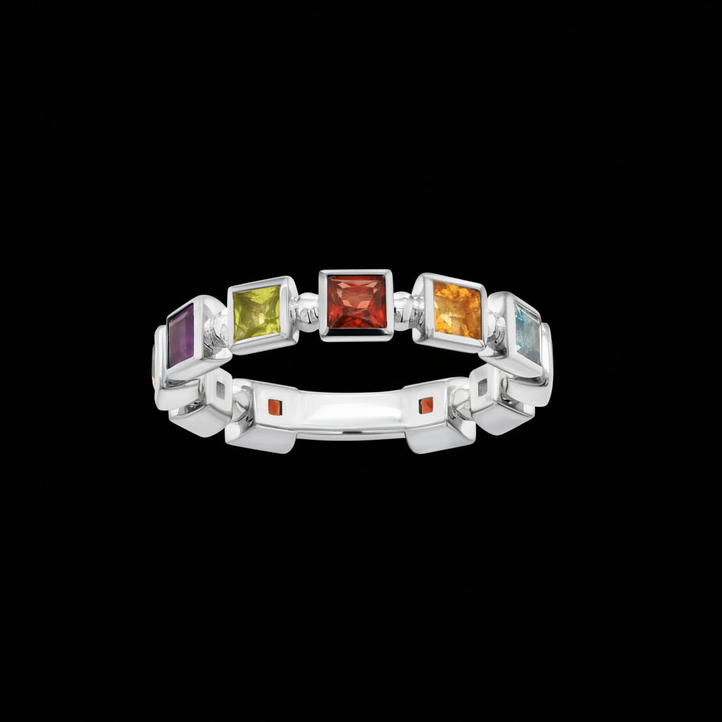 Minimalist White Gold Ring with Multicolor Natural Gemstones