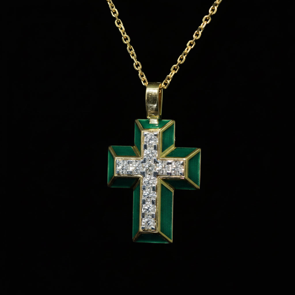 Green Enamel Cross Pendant with Diamonds