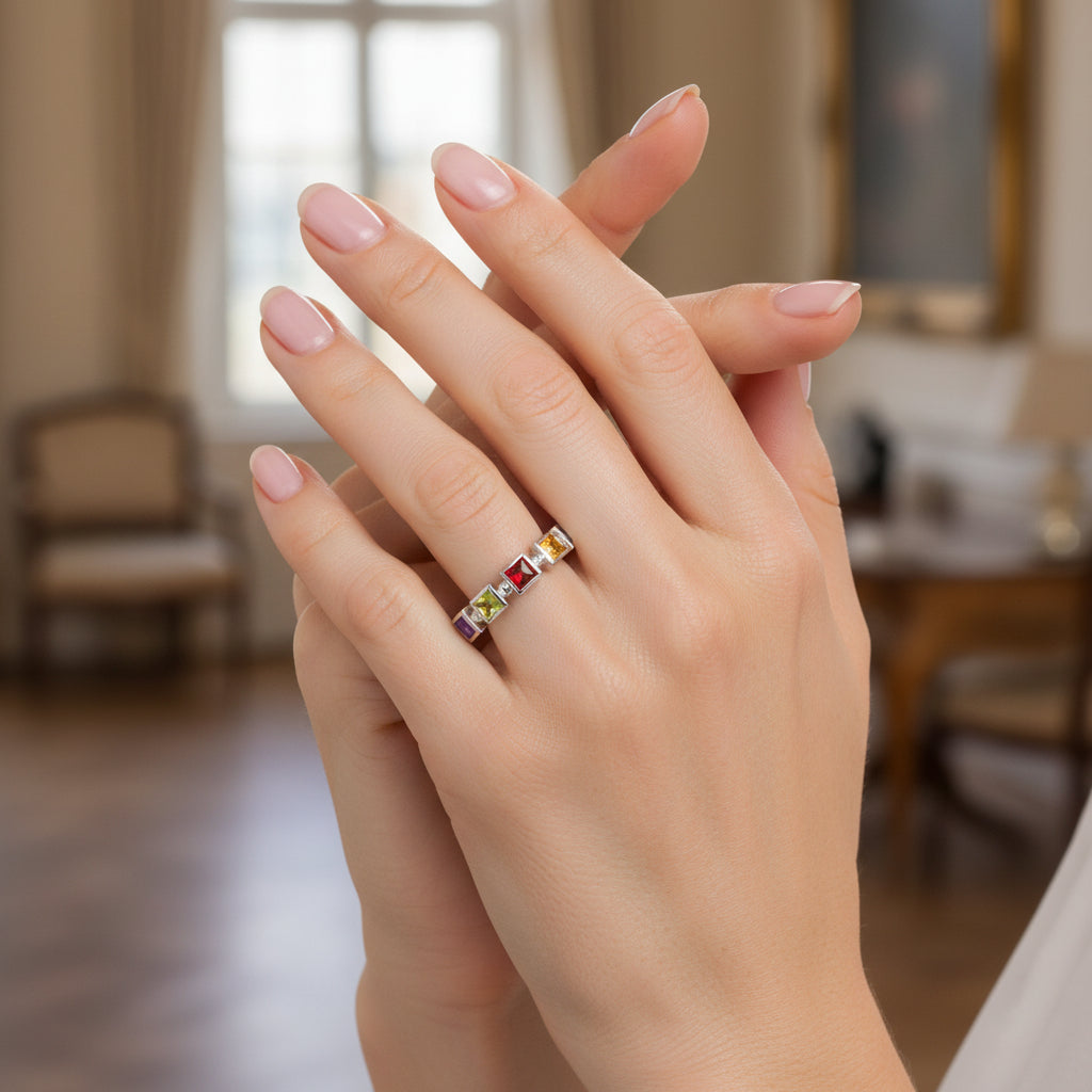 Minimalist White Gold Ring with Multicolor Natural Gemstones