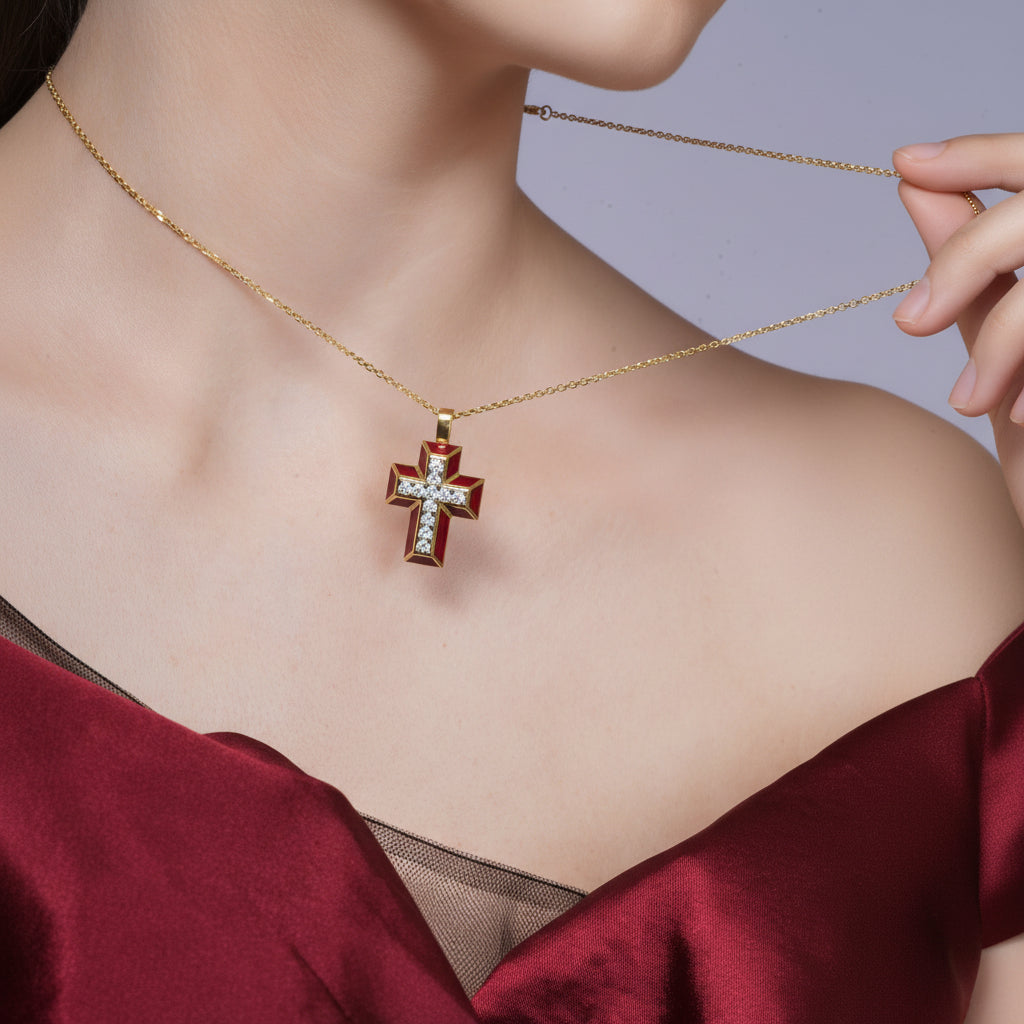 Red Enamel Cross Pendant with Diamonds